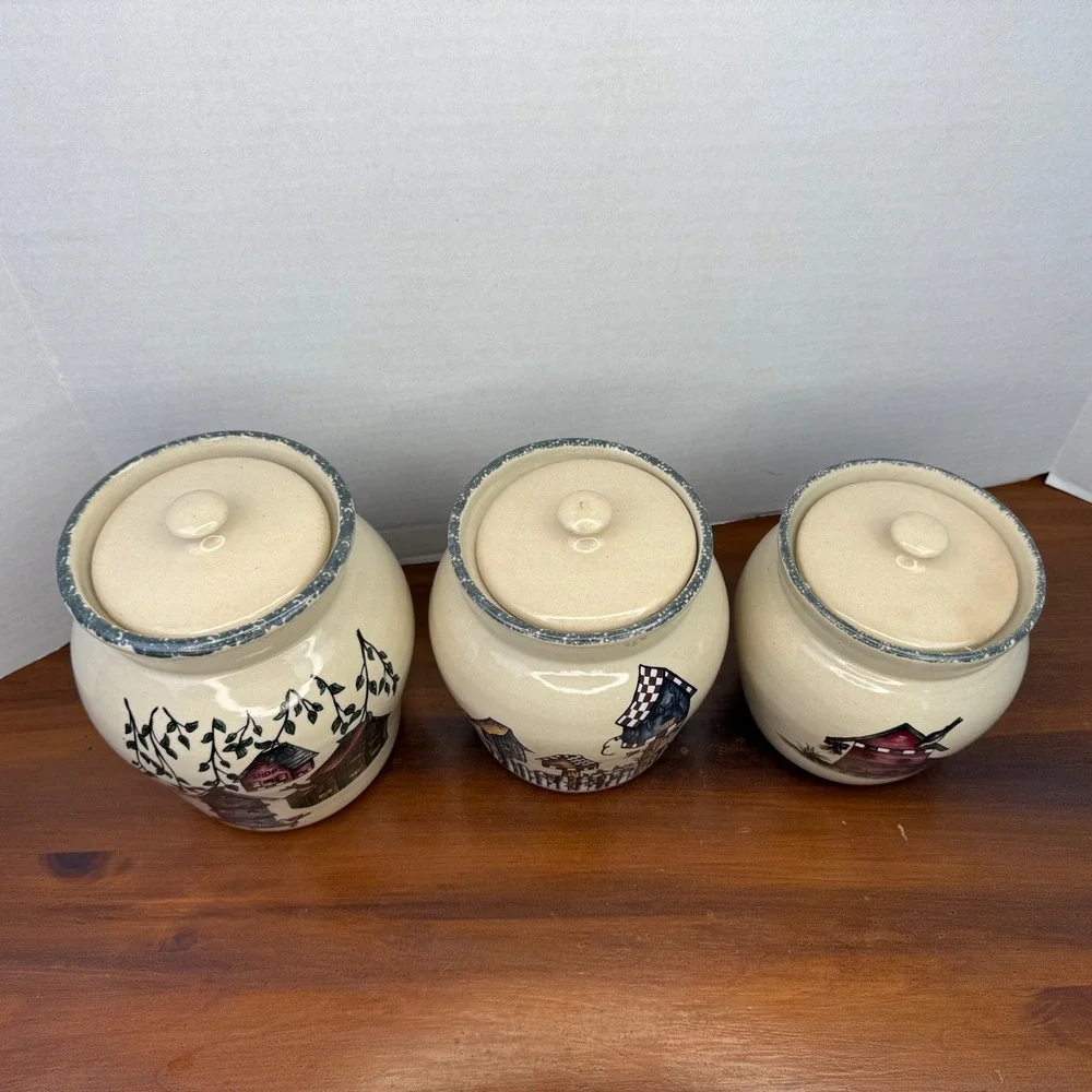 Home & Garden Party Birdhouse Canister Set 3pc Stoneware USA 2001 Vintage